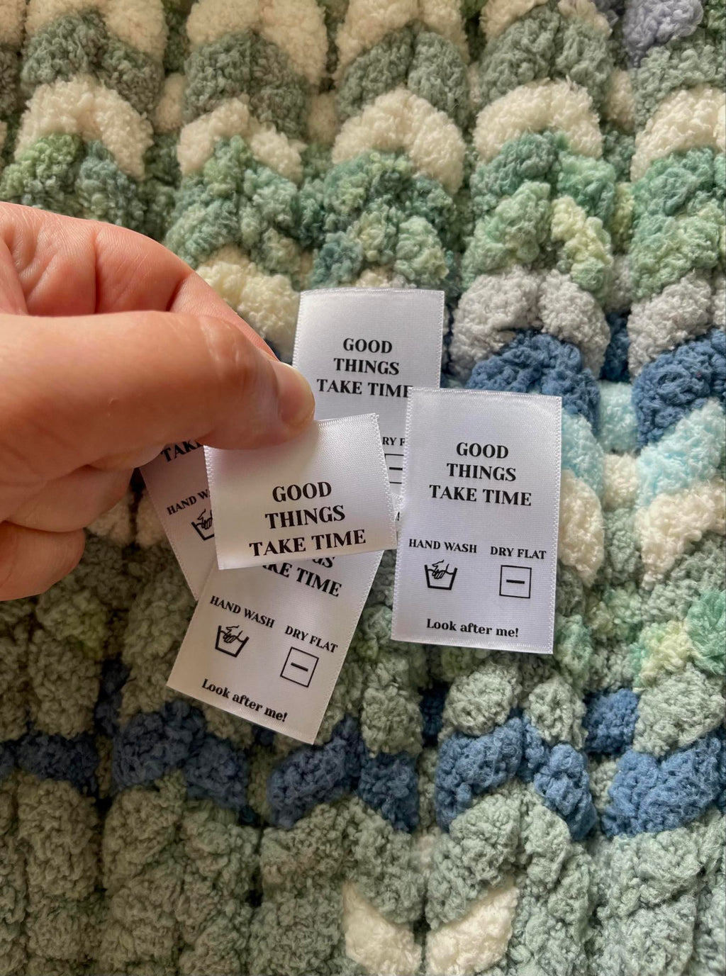 Silk Printed Care Instruction Labels - Good Things Take Time 1.jpg